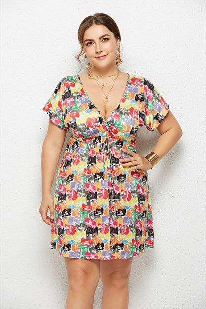 Printed Deep V-Neck Dress with Elastic Waist - Trendy Attic Store01
