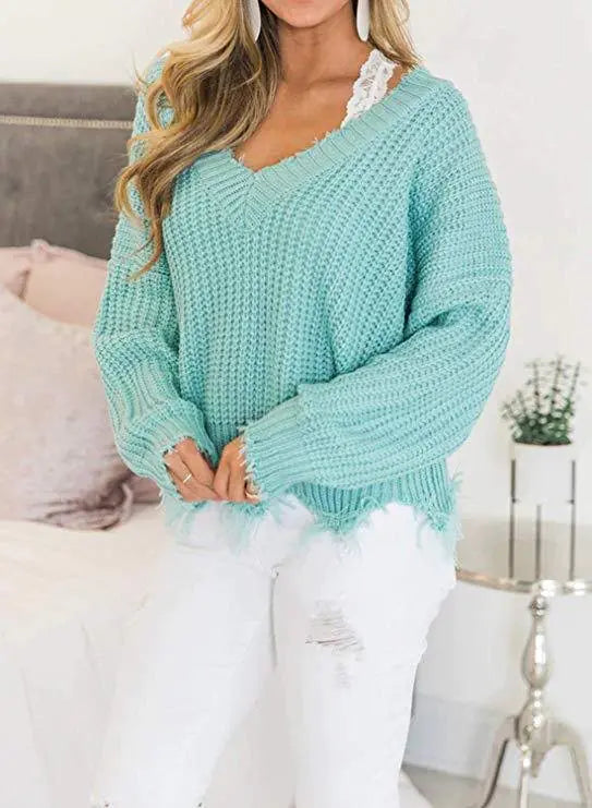 Irregular V-Neck Loose Knit Sweater for Women