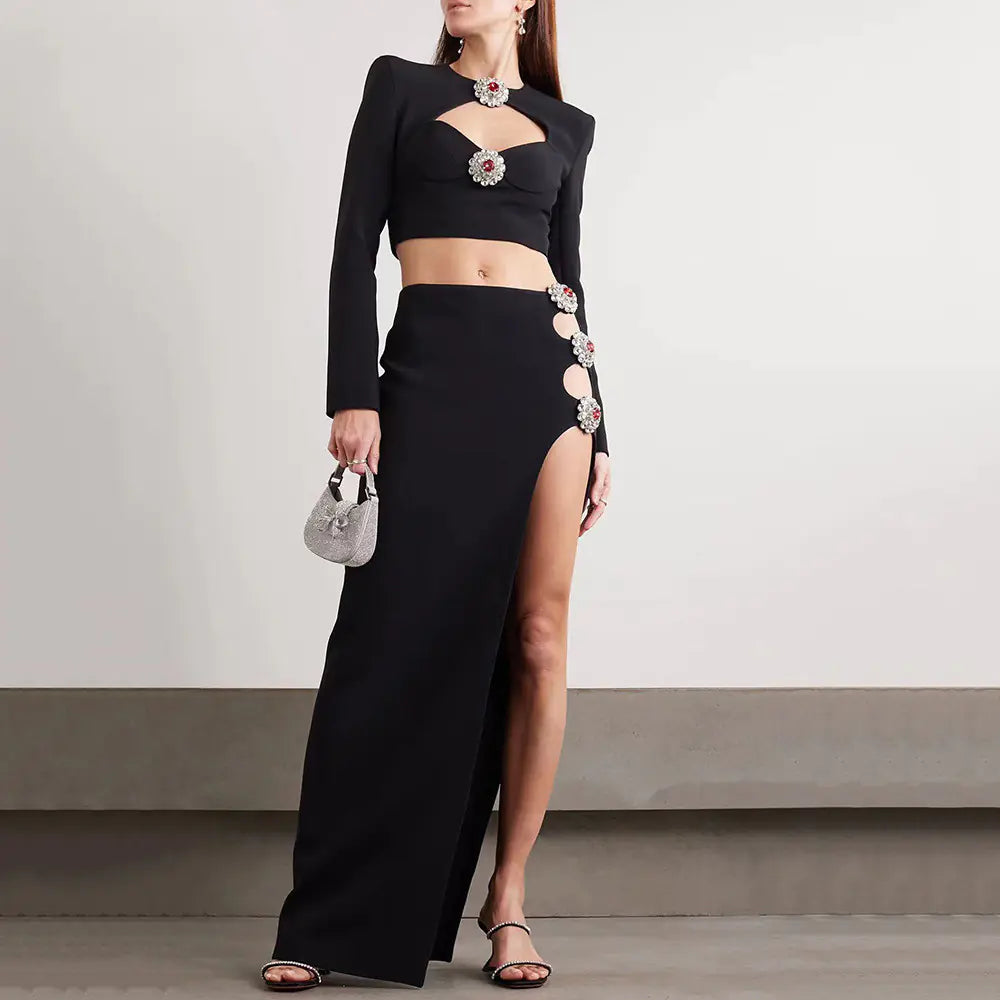 Hollow Diamond Long Sleeve Dress with Side Slit