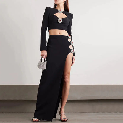 Hollow Diamond Long Sleeve Dress with Side Slit