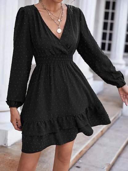 V-Neck Long Sleeve Ruffle Fitted A-Line Dress