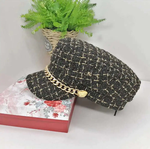 Vintage Navy Tweed Octagonal Hat for Women