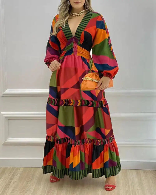 Fall Long Printed V-Neck Dress