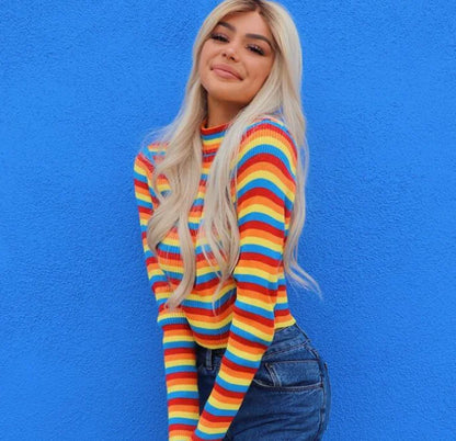 Colorful Striped Turtleneck Knit Sweater (Short Style)