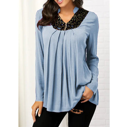 V-Neck Floral Print Long Sleeve Lace Top T-Shirt - Trendy Attic Store01