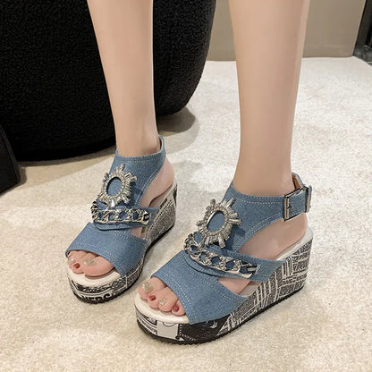 Women's Denim Wedge Sandals with Thick Sole and Buckle