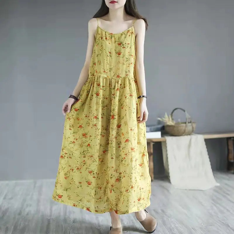 Artistic Floral Sleeveless Sling Dress for Women