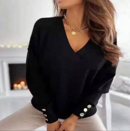 Casual Loose Button V-Neck Long Sleeve Sweatshirt