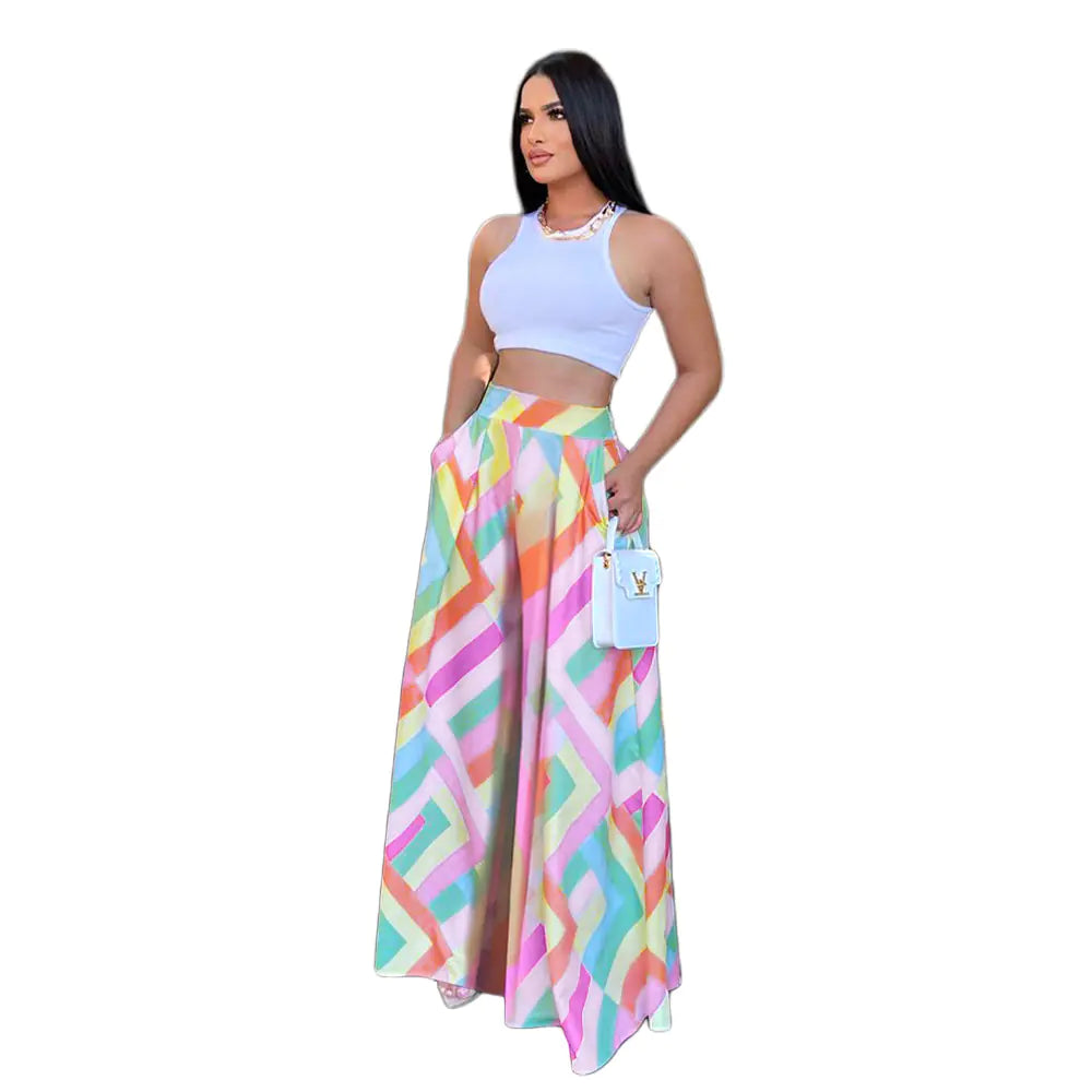 Plus Size Geometric Print Wide Leg High Rise Pants