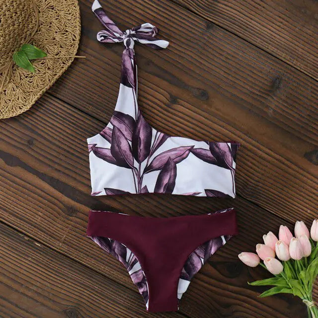 One-Shoulder Brazilian Print Bikini Set