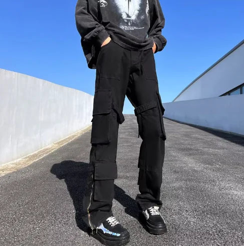 Multi-Pocket Black Casual Straight-Leg Pants