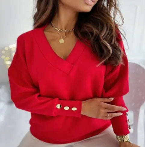 Casual Loose Button V-Neck Long Sleeve Sweatshirt
