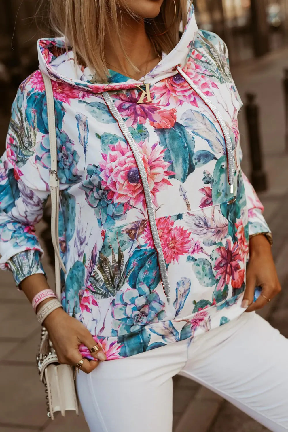 Floral Long-Sleeved Hooded T-Shirt for Women