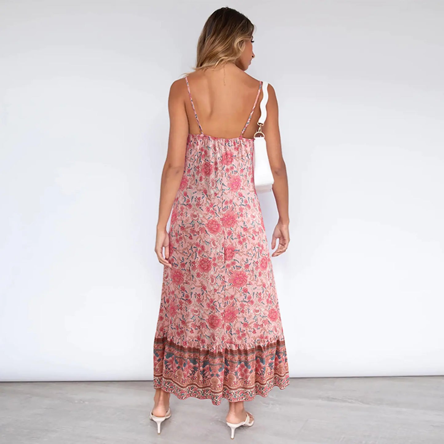 Damen lässiges Boho Blumen V-Ausschnitt Sommerkleid