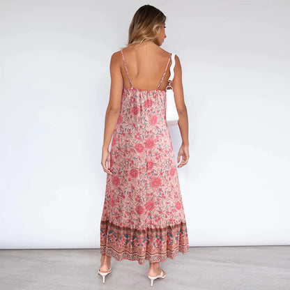 Damen lässiges Boho Blumen V-Ausschnitt Sommerkleid