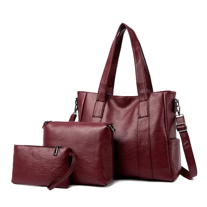 Classic Solid Color Faux Leather Bag Set (Large Capacity)