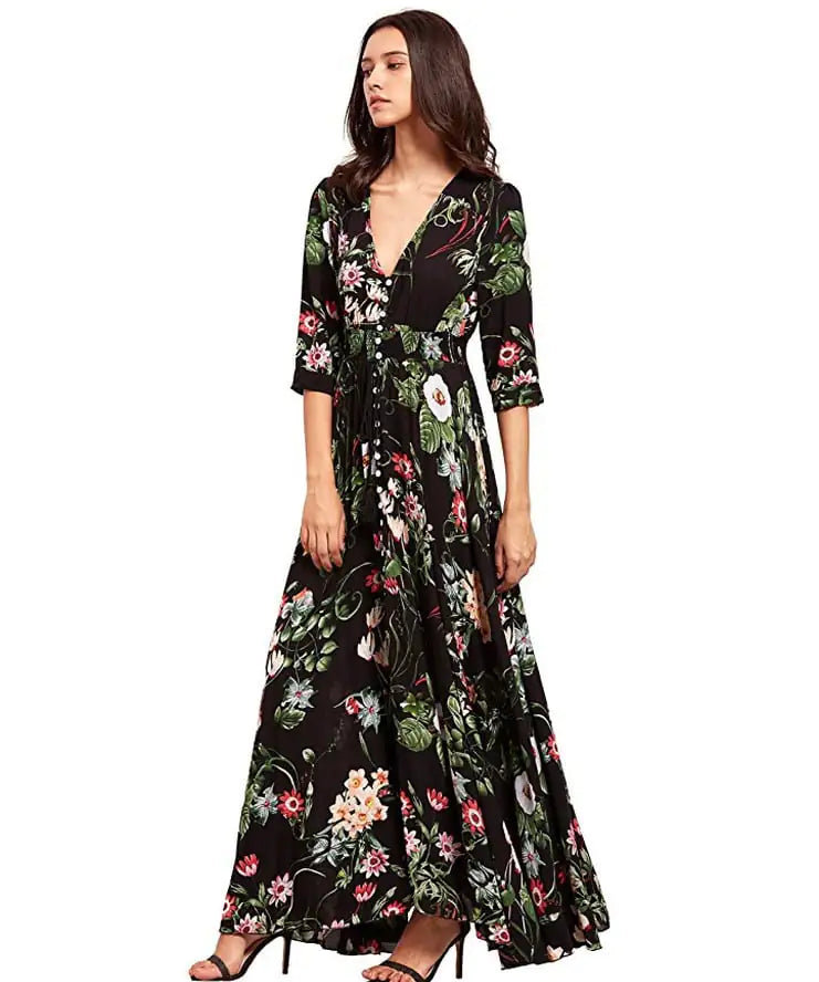 Button Floral Bohemian Maxi Beach Dresses