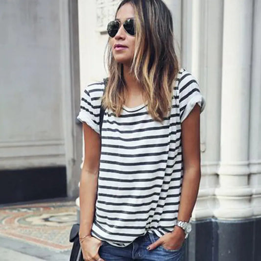 Striped Short Sleeve Loose T-Shirt for Women