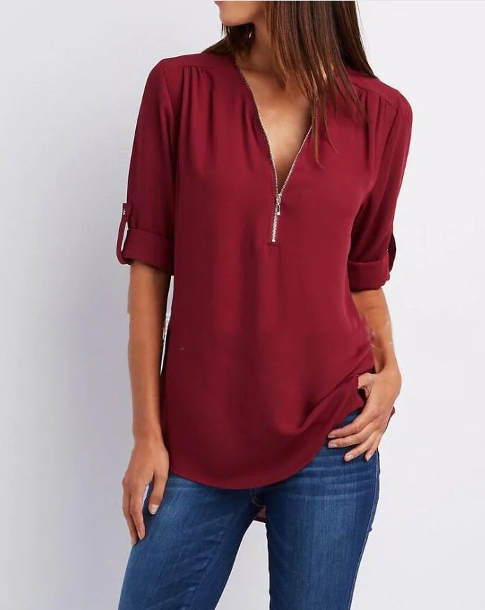 Plus Size V-Neck Long Sleeve Zip Chiffon Shirt