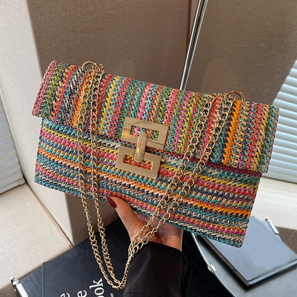 Chic Boho Straw Square Bag Trendy Striped Chain Crossbody