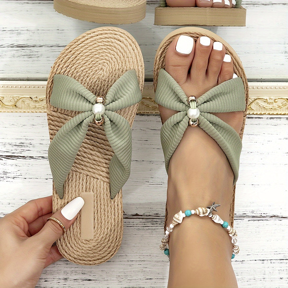 Handmade Beaded Ethnic Summer Beige Flat Sandals