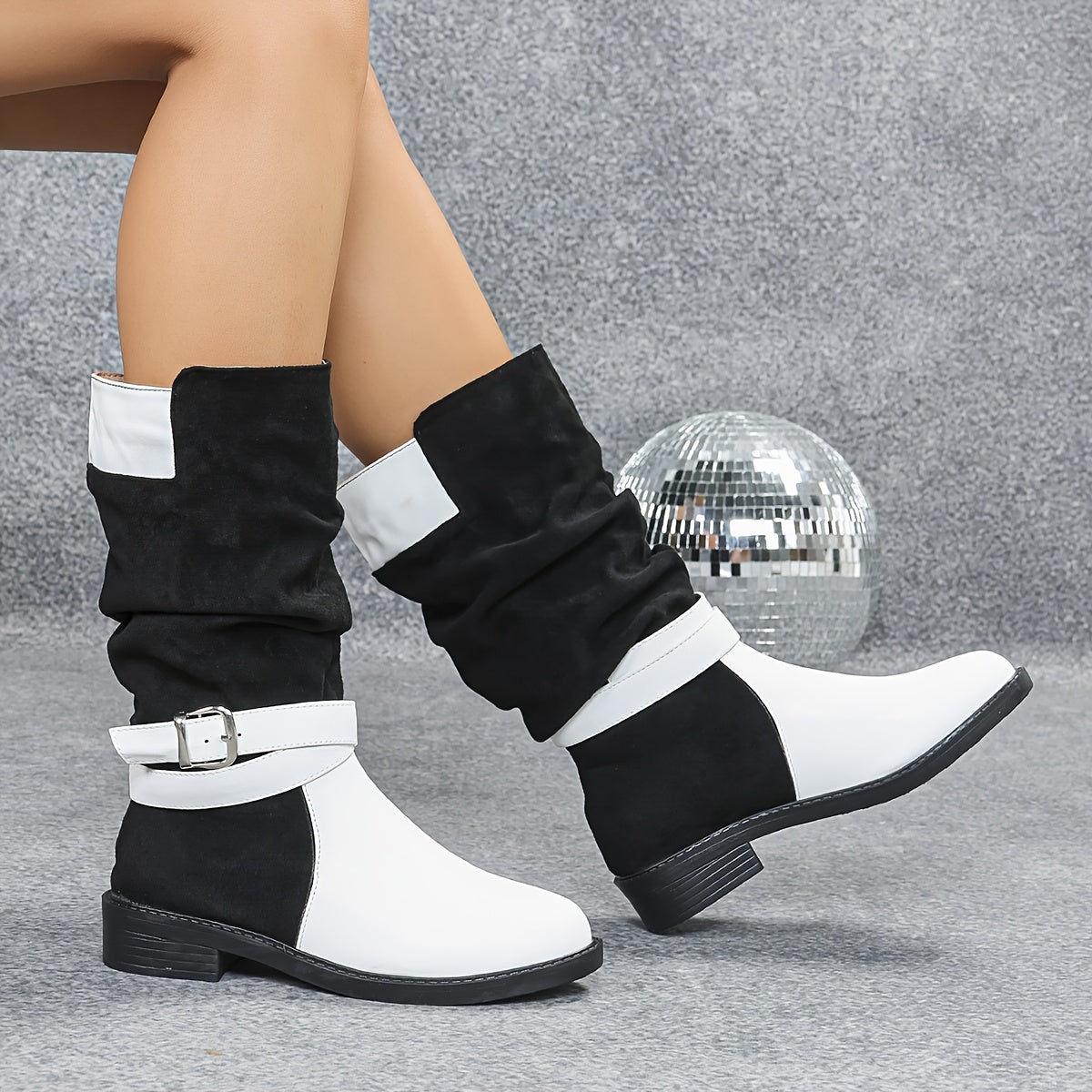 Elegant Black  White ColorBlock Pleated MidCalf Boots