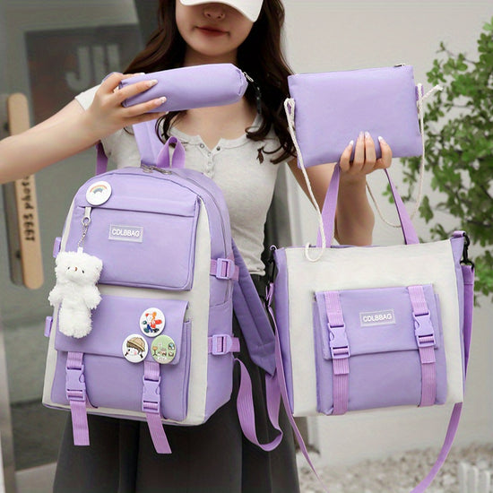 4pc Large Capacity Canvas Backpack for Teens School  Travel