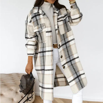 Women's Long Sleeve Wool Plaid Trench Coat for Fall