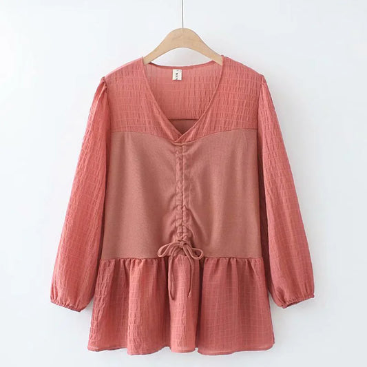 Loose Fit Drawstring V-Neck Long Sleeve Top