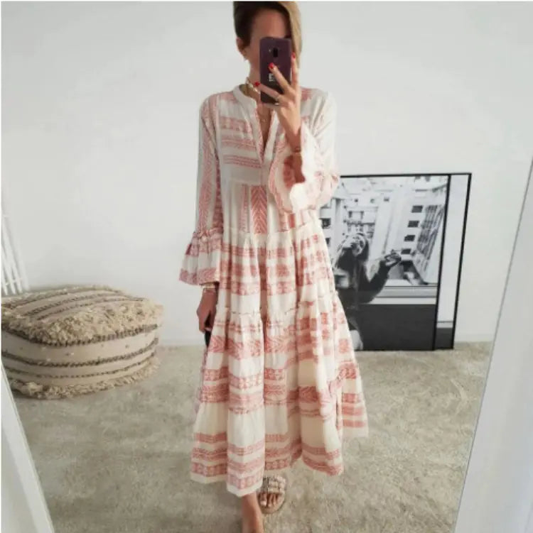 Summer Women's Geometric Print V-Neck Maxi Dress