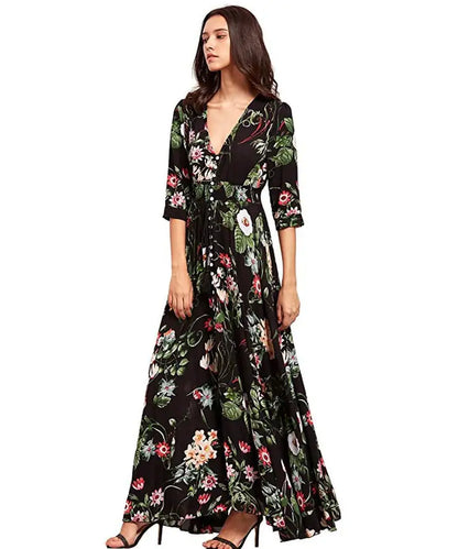 Button Floral Bohemian Maxi Beach Dresses