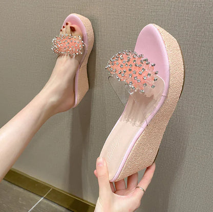 Wedge High Heel Platform Bow Rhinestone Sandals