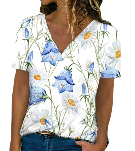 Women's V-Neck Short Sleeve Flower Print T-Shirt