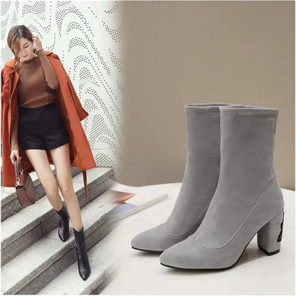 Embroidered Gray Ankle Boots with Chunky Heels for Women