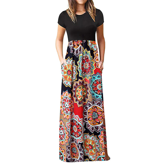 Short Sleeve Printed Long Skirt Dress
