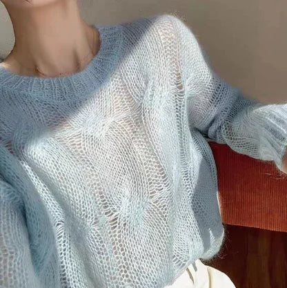 Women's Solid Color Hollow Knit Pullover Sweater