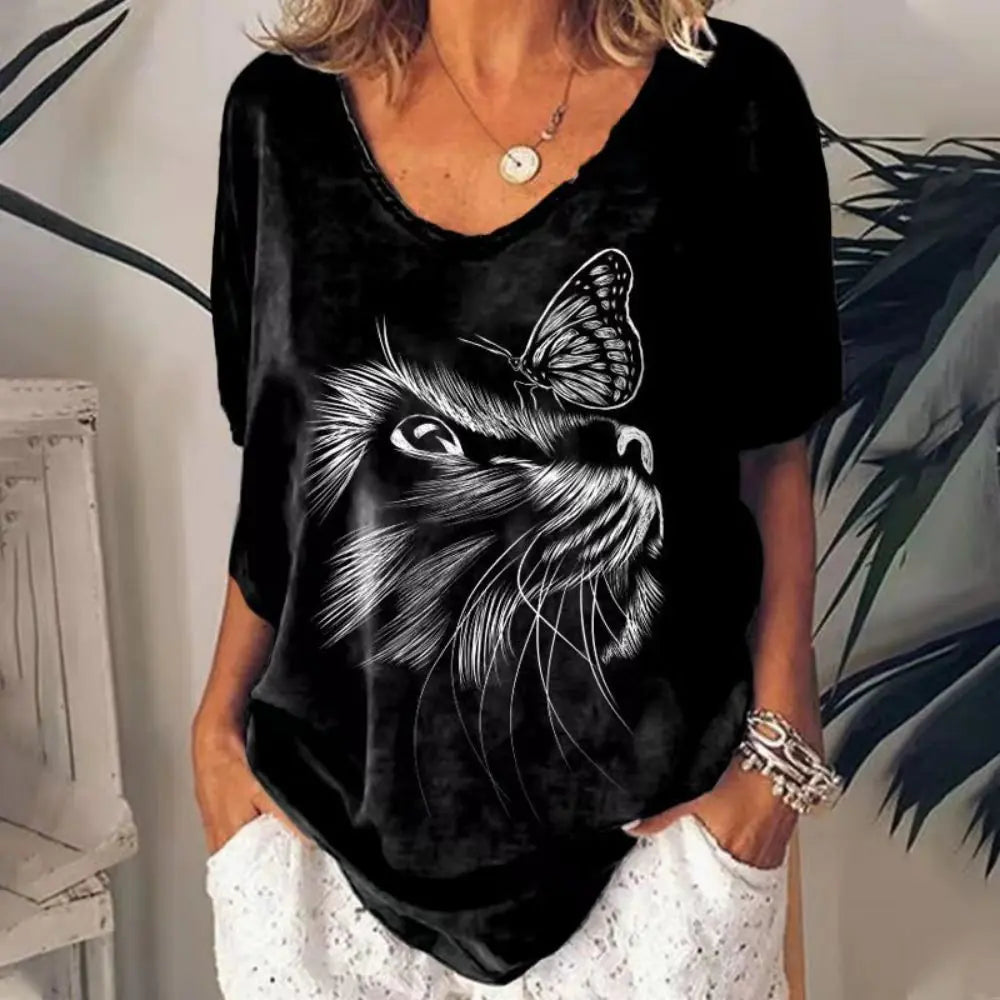 Sommerliches Damen-V-Ausschnitt-T-Shirt mit 3D-Druck