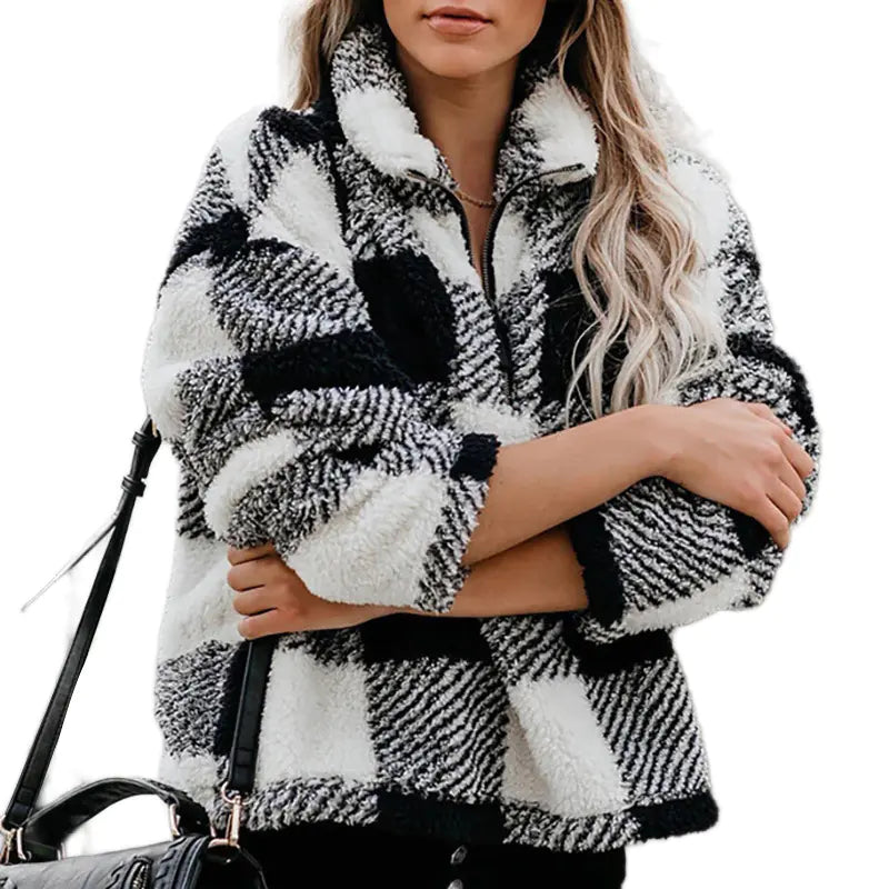 Thickened Stand Collar Zipper Plaid Sweatshirt for Women