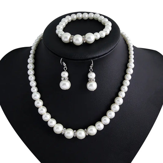 Pearl Necklace, Earrings, and Bracelet Set for Brides