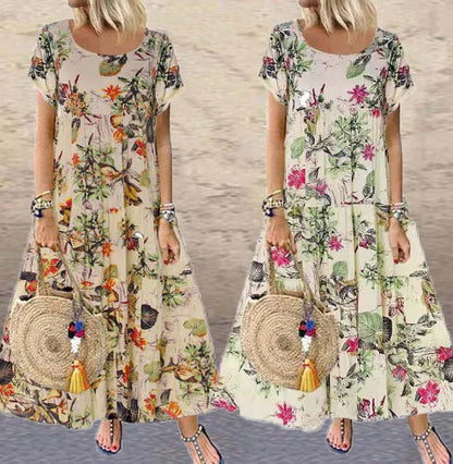 Retro Floral Print Short-sleeved Round Neck Dress - Trendy Attic Store01