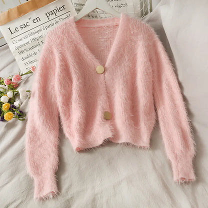 Korean Plush V-Neck Short Cardigan Sweater for Women