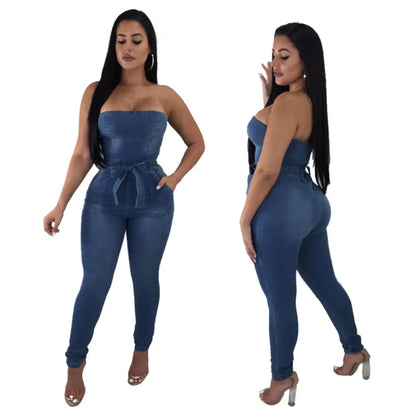 Slim Fit Denim Strapless Jumpsuit with Zipper