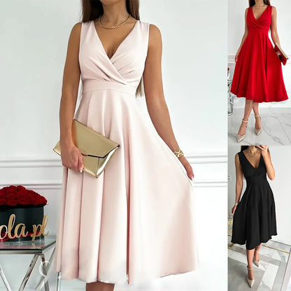 V-Neck Pleated Solid Color Large Swing Dress