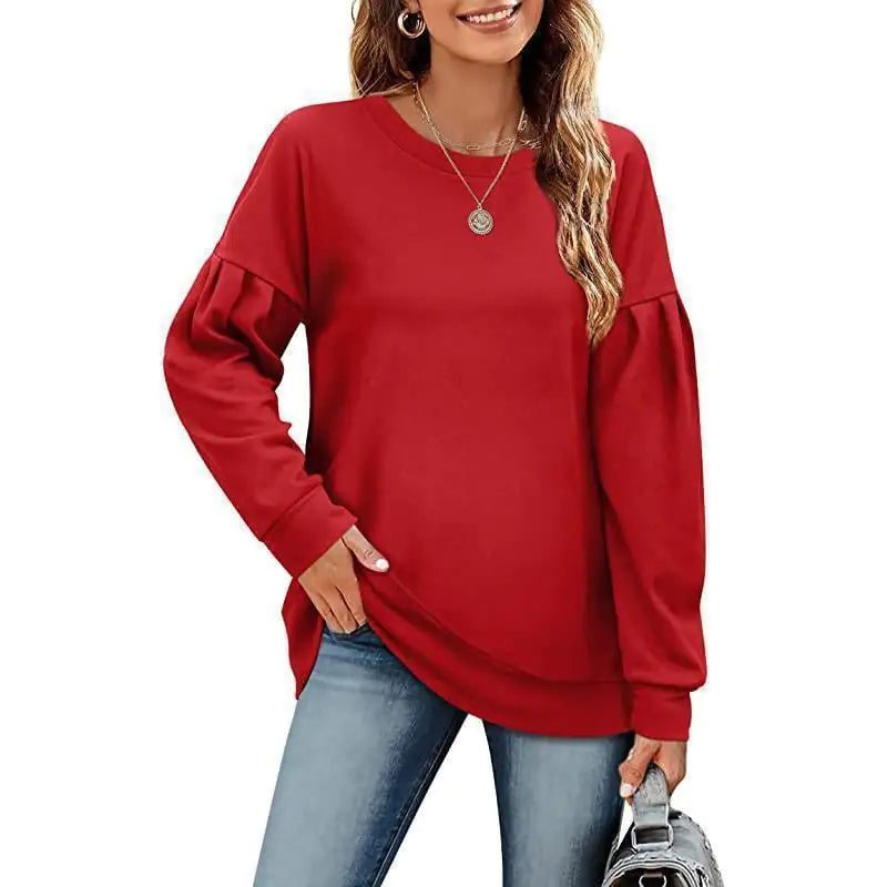 Solid Color Women's Sweatshirt with Round Neck Design - Trendy Attic Store01