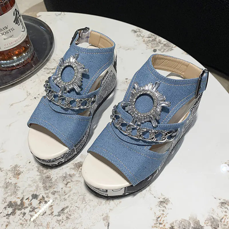 Women's Denim Wedge Sandals with Thick Sole and Buckle