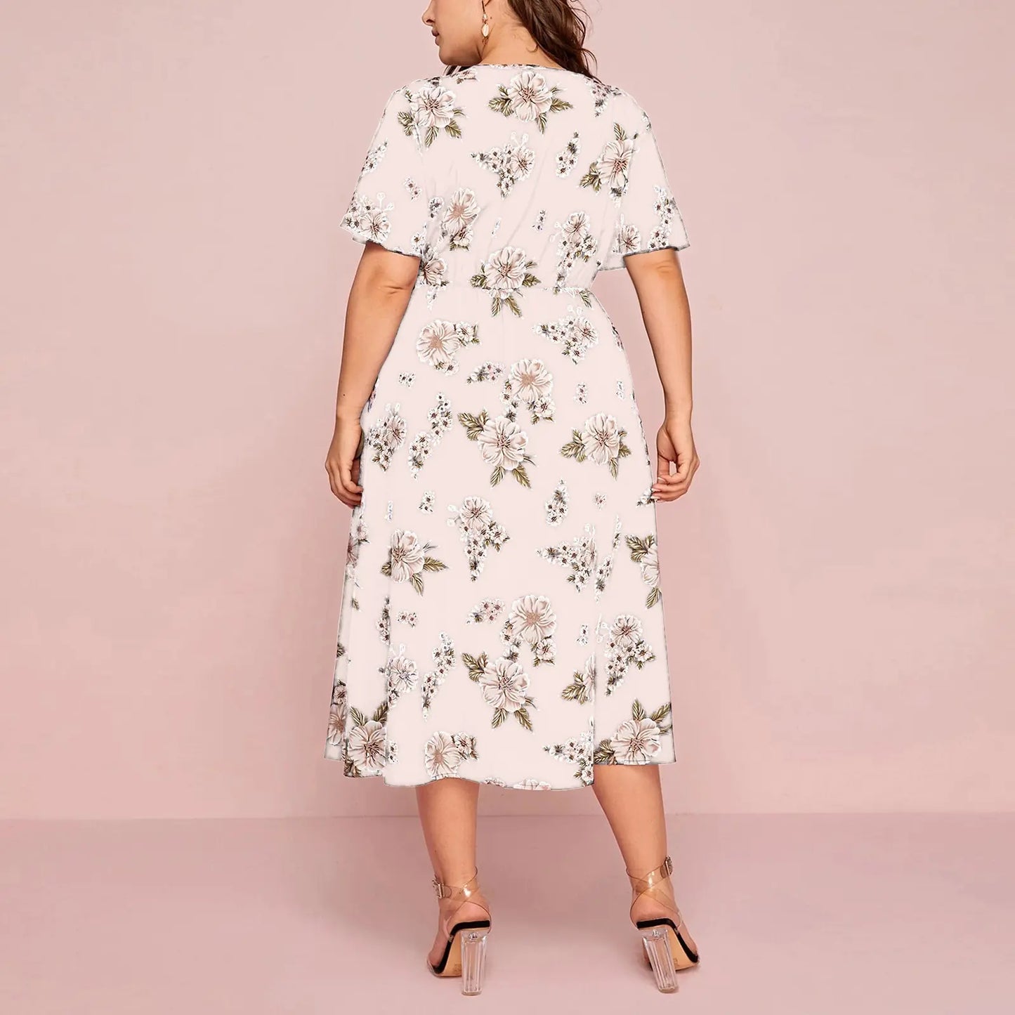 Plus Size Floral Print V-Neck Short Sleeve Dress