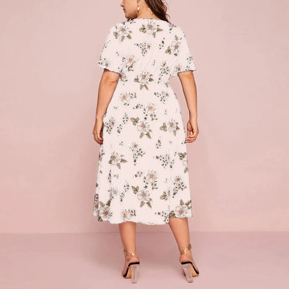 Plus Size Floral Print V-Neck Short Sleeve Dress