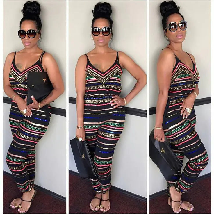 Striped Print Sleeveless Backless Jumpsuit