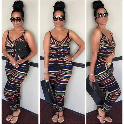 Striped Print Sleeveless Backless Jumpsuit