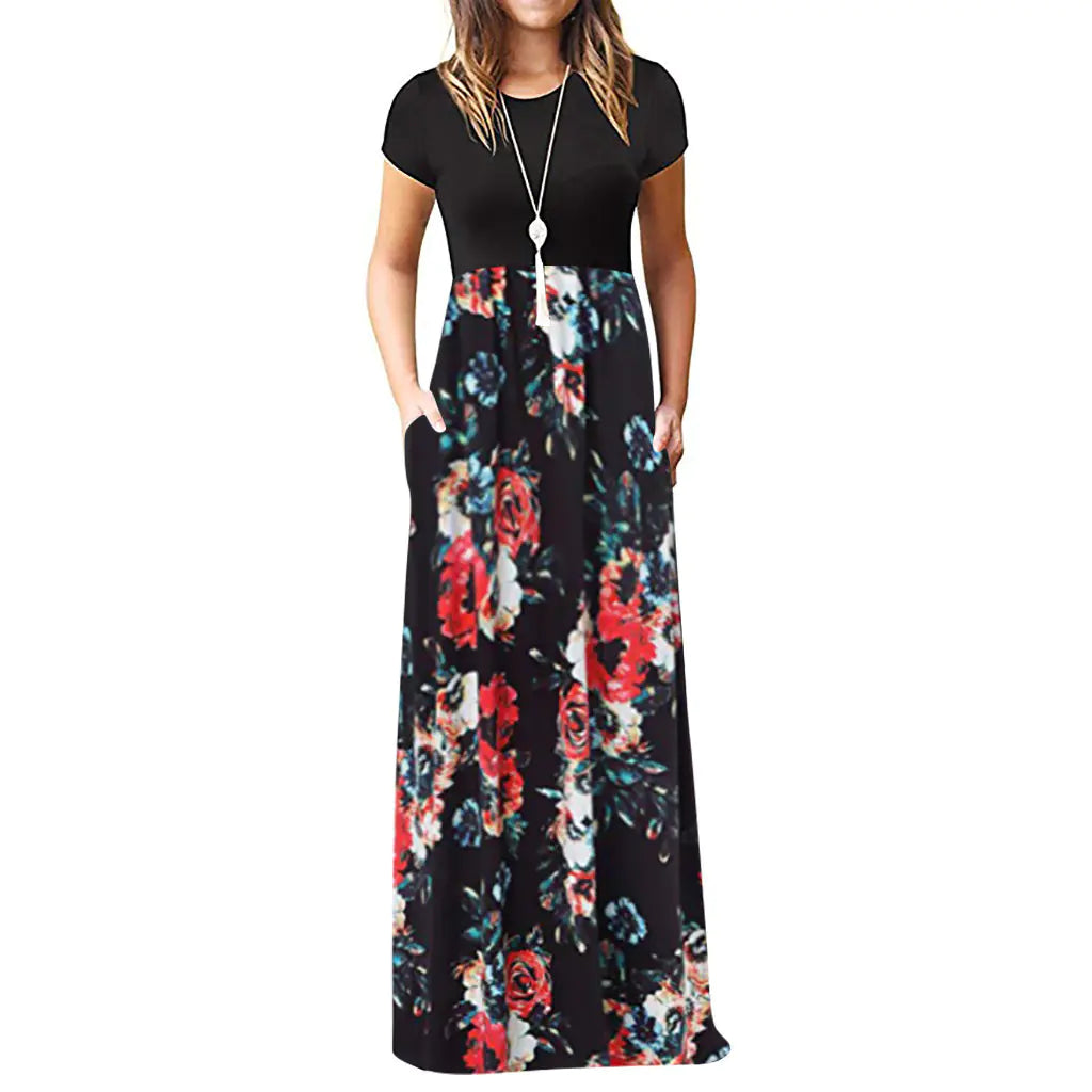 Short Sleeve Printed Long Skirt Dress